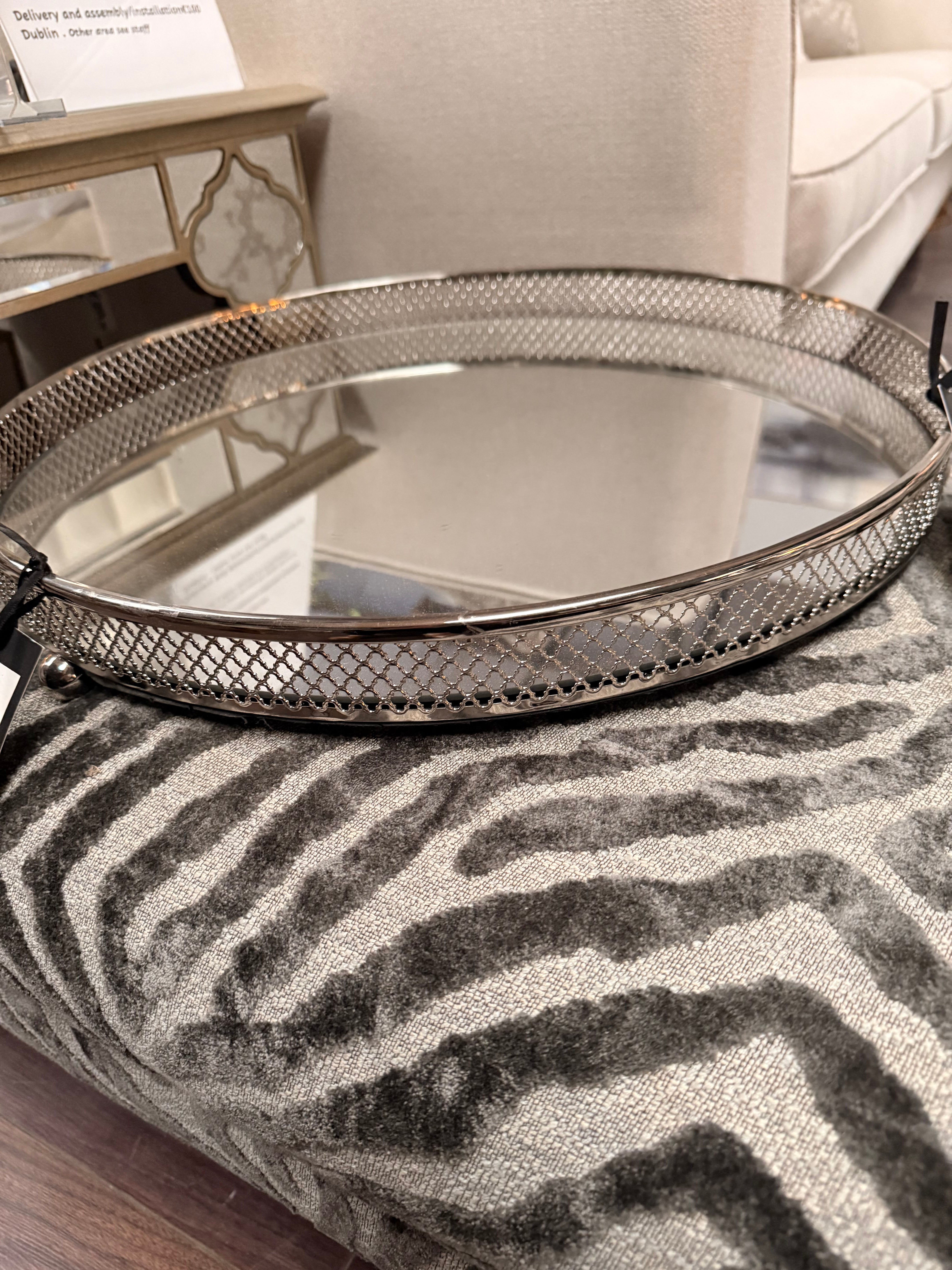 Clarins extra Large Round Nickel Plated Mirror Tray reduced less than half price ex showroom