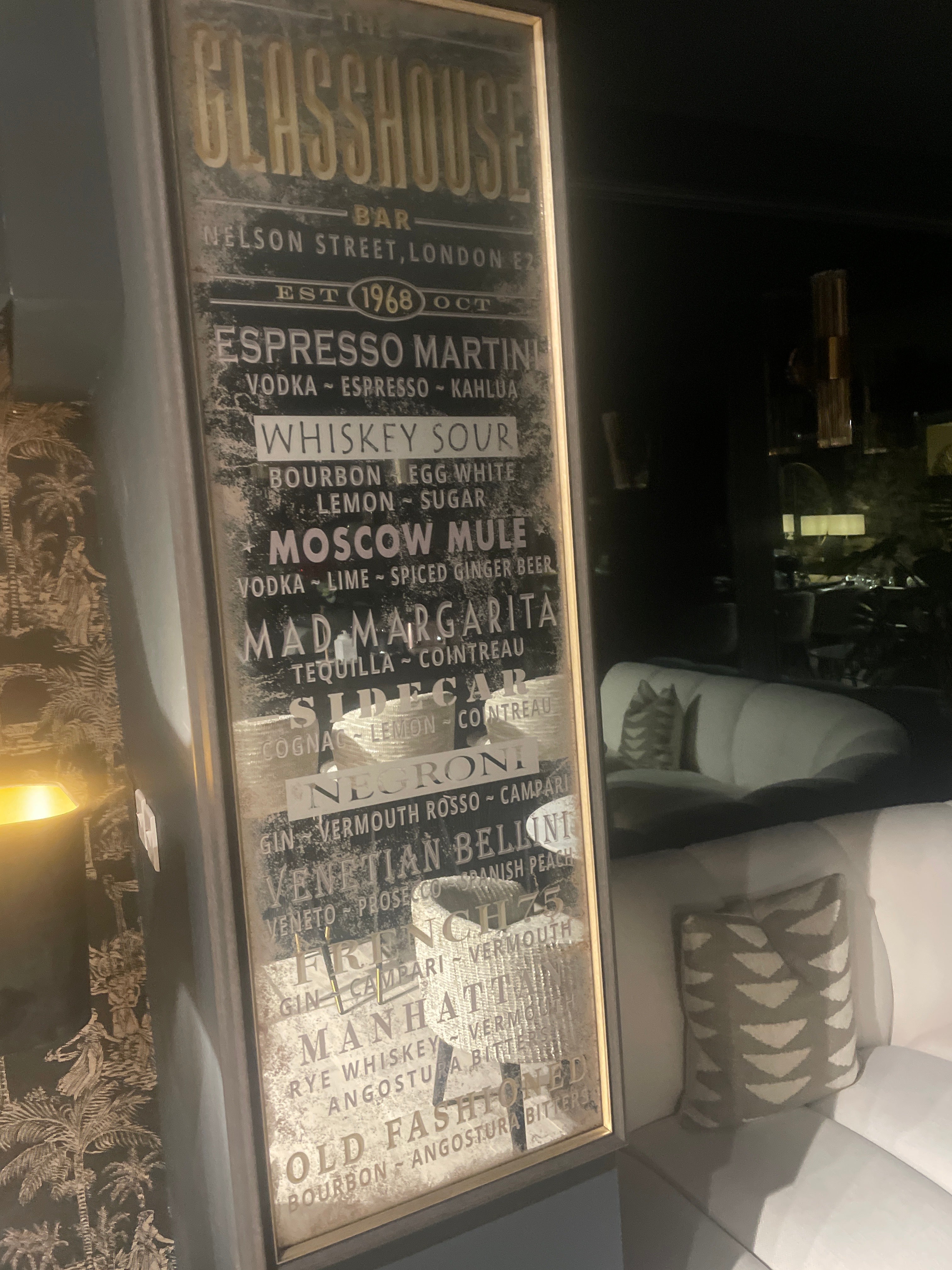 Mirrored Sign Glasshouse Cocktail Menu 117x41cm. Fabulous !