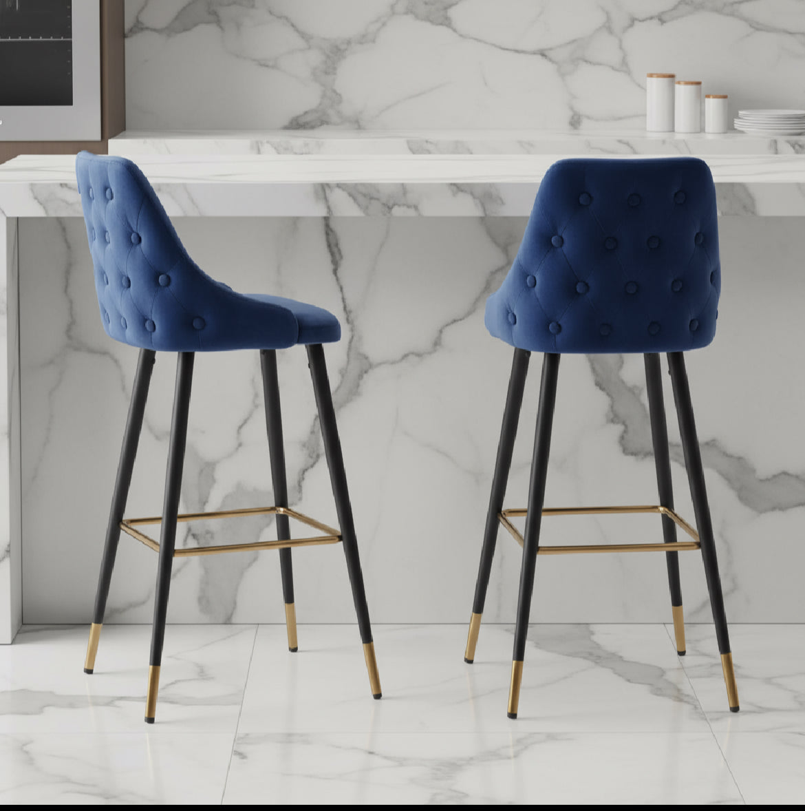 Avanza bar stool with gold cap in grey and navy .Now up to 50% off in our outlet store ! T&C apply.