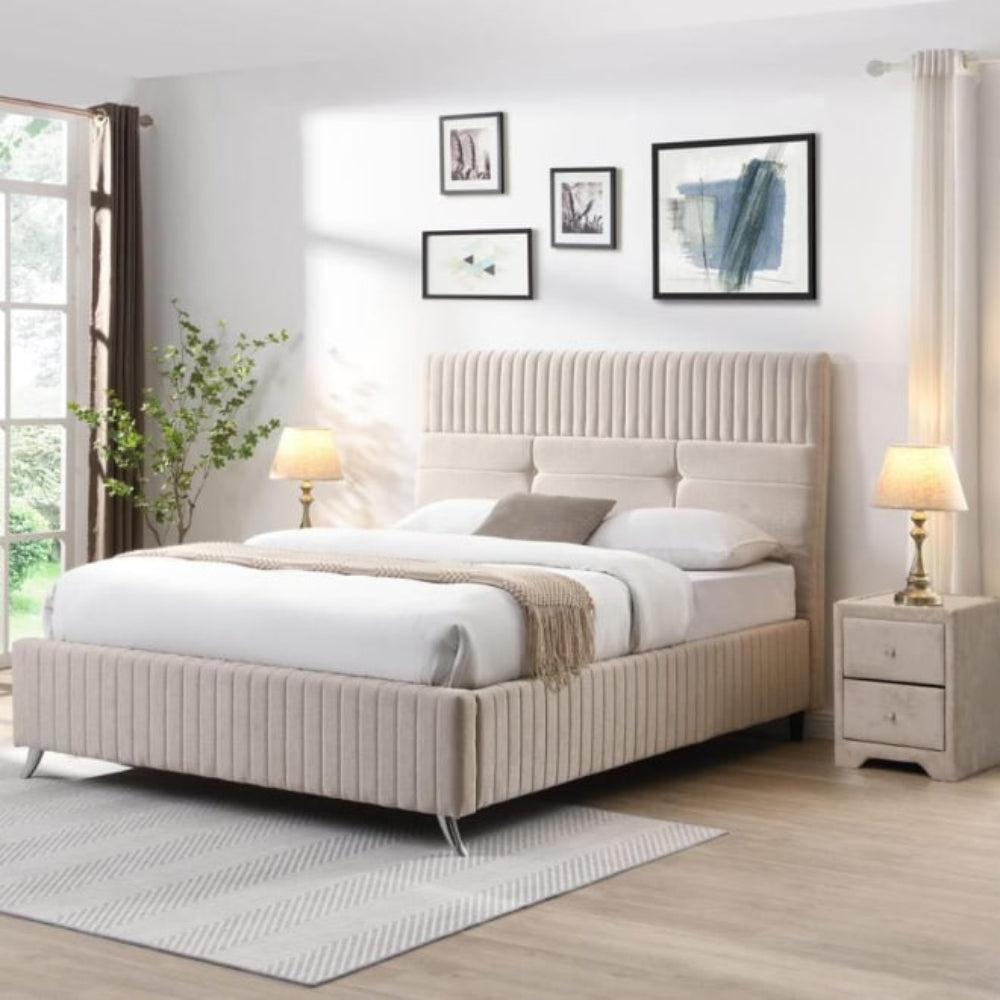 Lara designer bed frame complete in neutral velvet. Reduced price