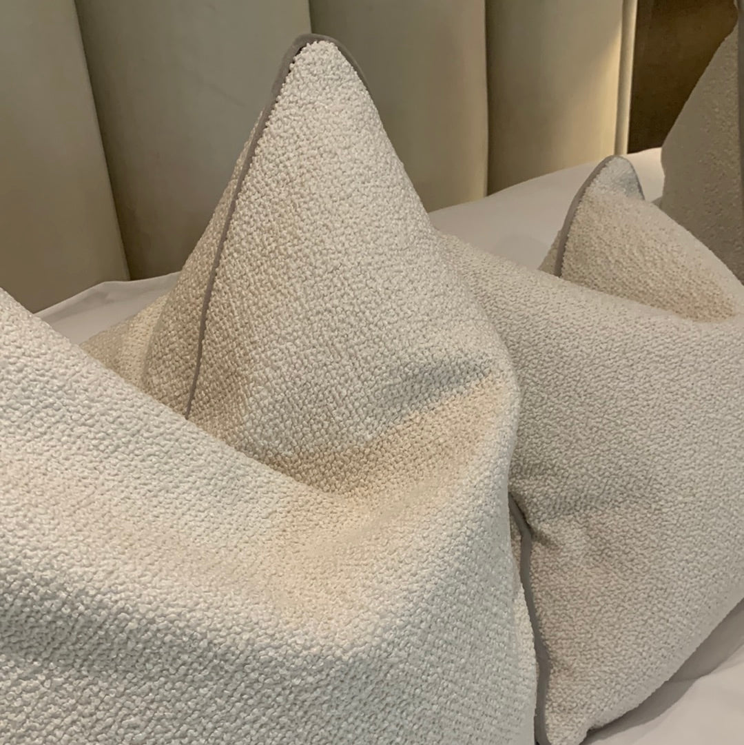 Leyla Boucle feather filled Cushion in 3 Sizes Taupe piping