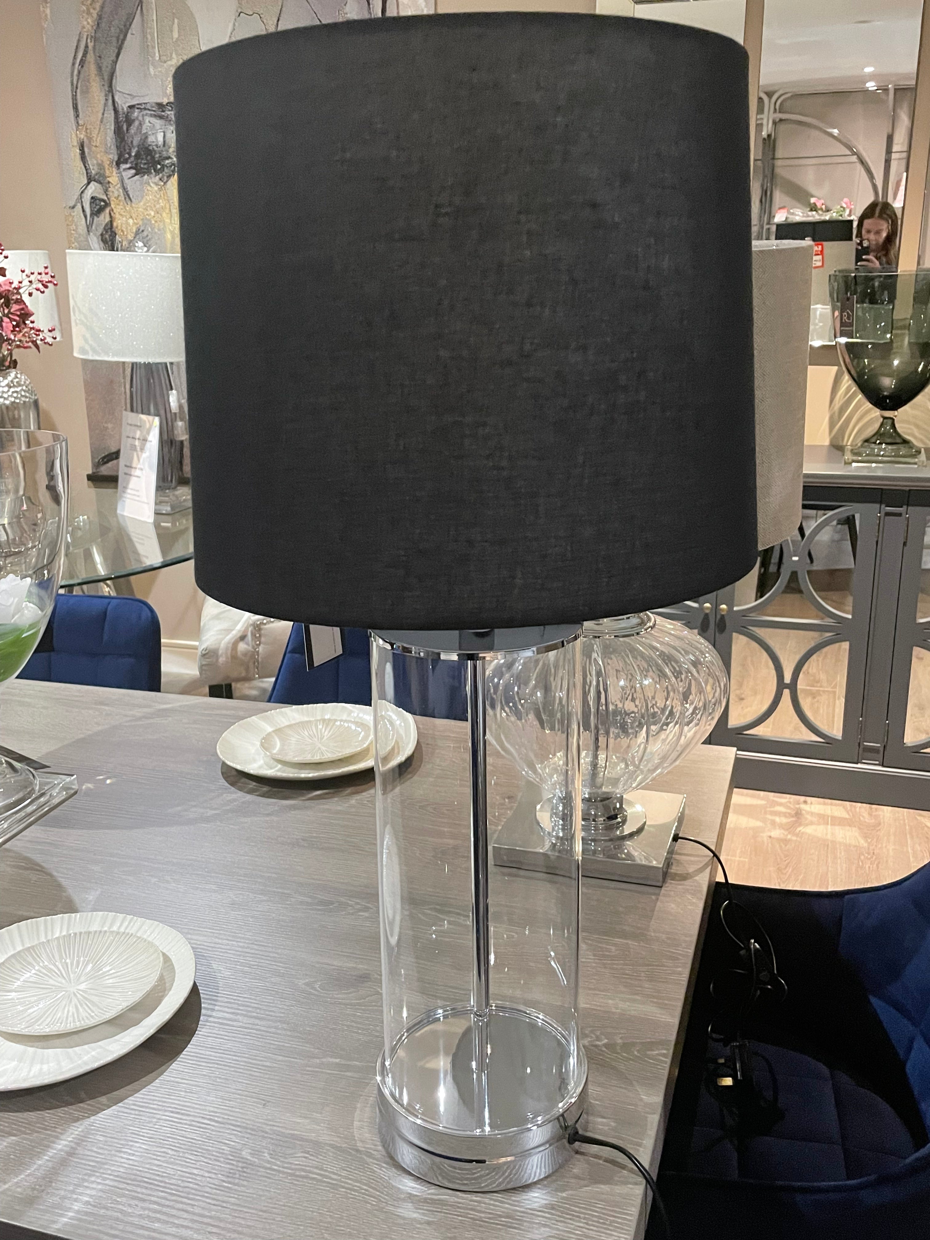 Ludo designer lamp with cylinder clear base and black shade pick up only