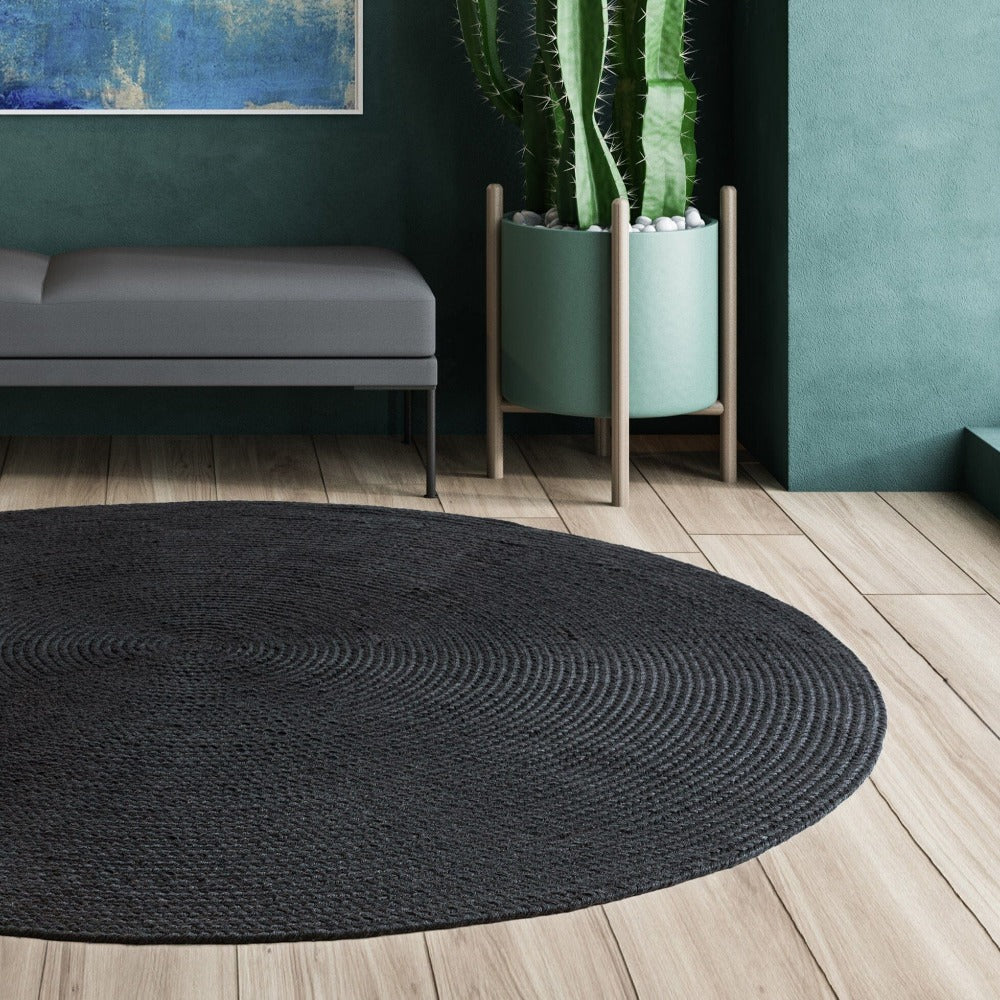Nicole Round Charcoal Braided 200cm Designer Rug