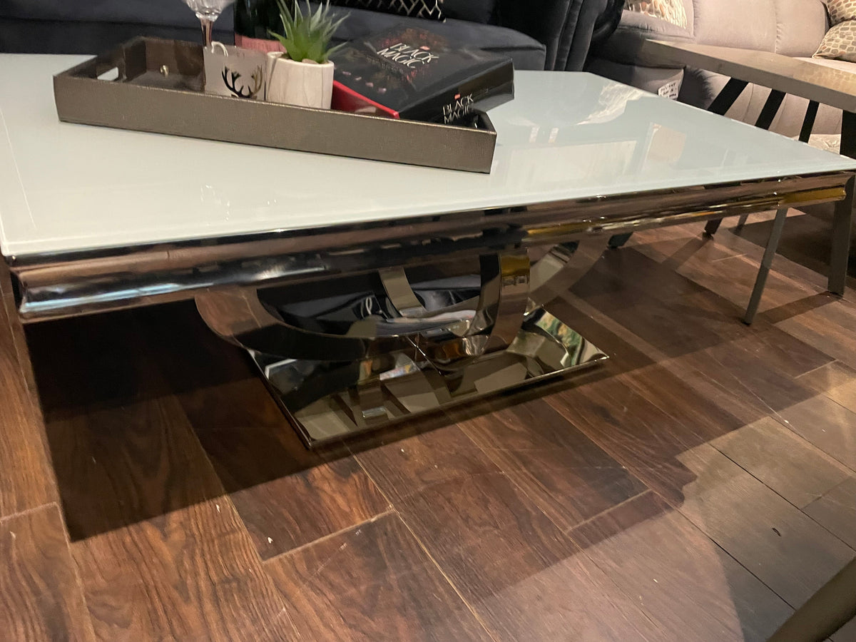 Orion white coffee table with fabulous chrome base clearance reduced Instore only