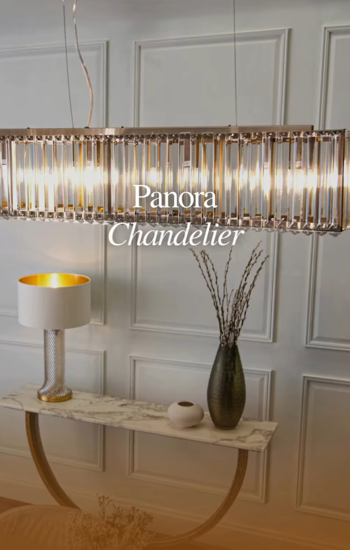 Panora long crystal and brushed bronze chandelier