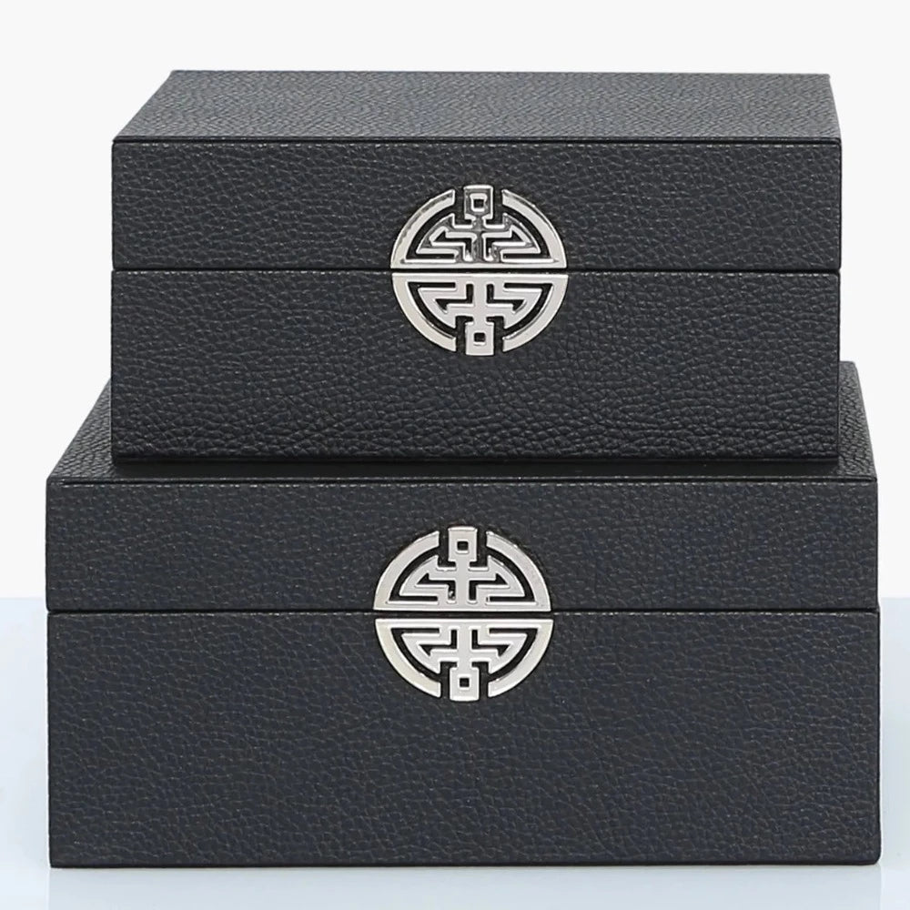 Set of 2 black faux leather jewellery boxes w silver