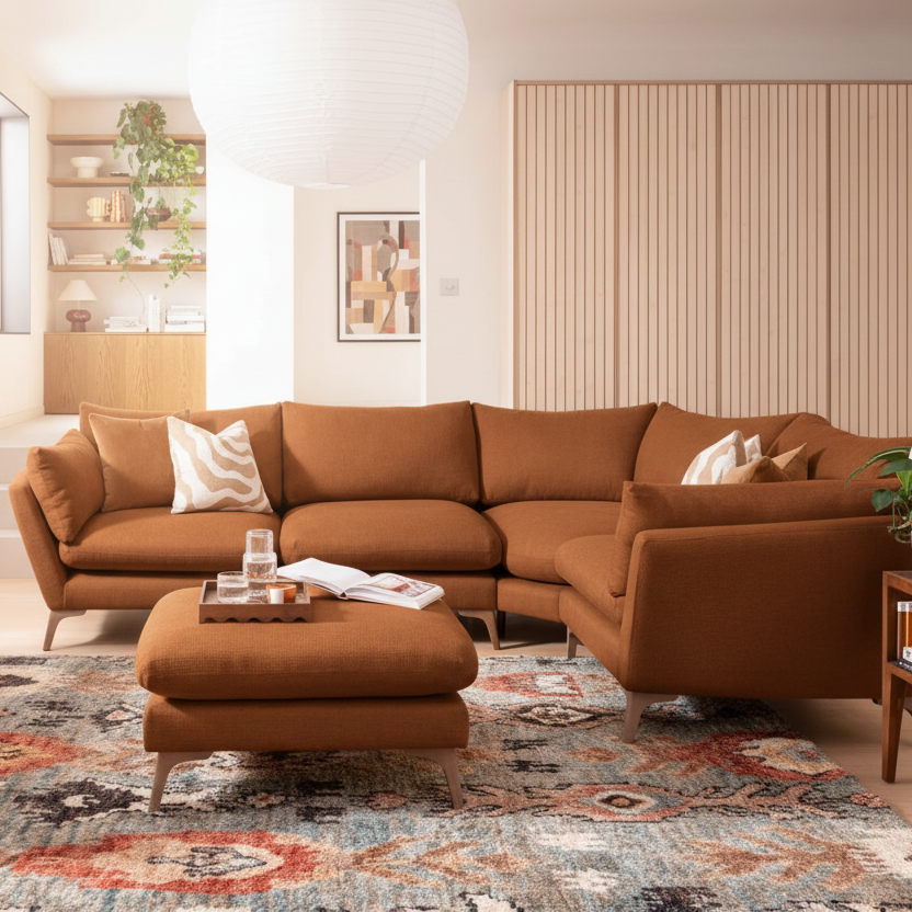 Sofa Elton by Whitemeadow featuring diagonal corner in Apricot One only ex showroom SAVE over 30%