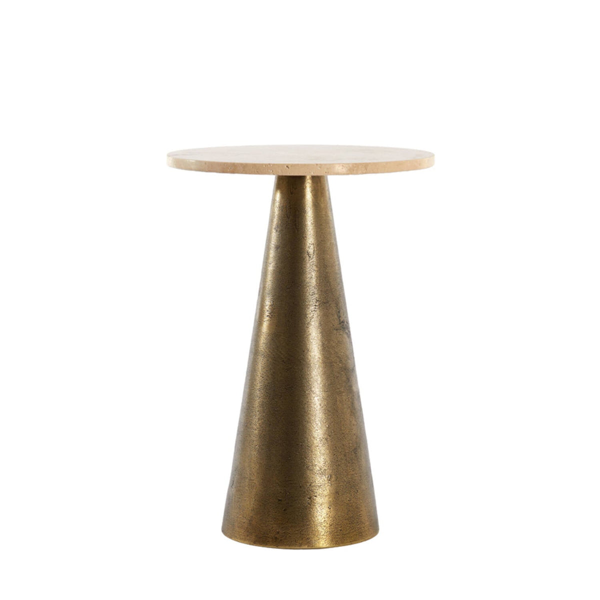 Yvie side table with travertine top on bronzed base