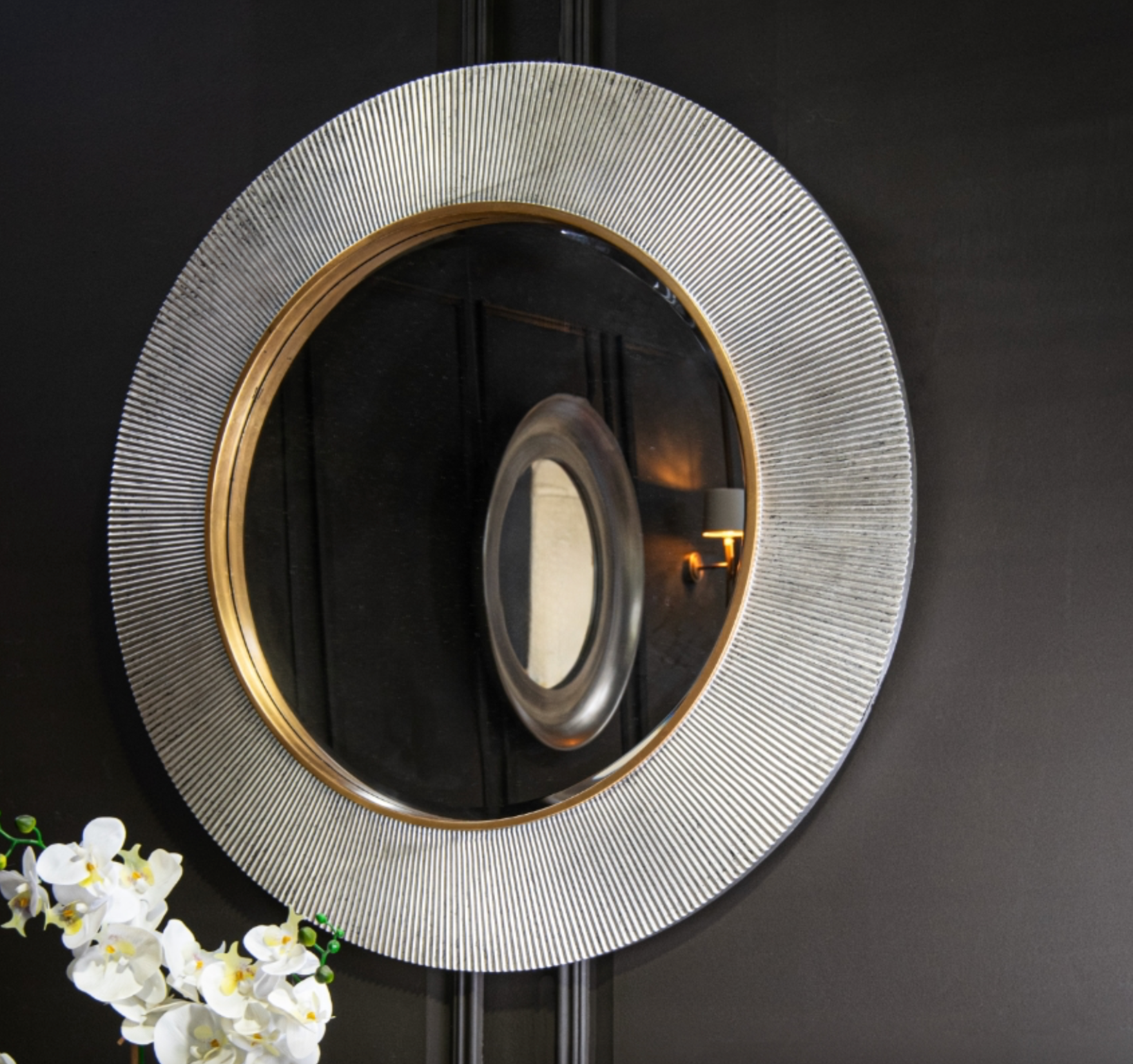 Advin Silver and gold designer Round Mirror by RV ASTLEY 90cm reduced-Renaissance Design Studio