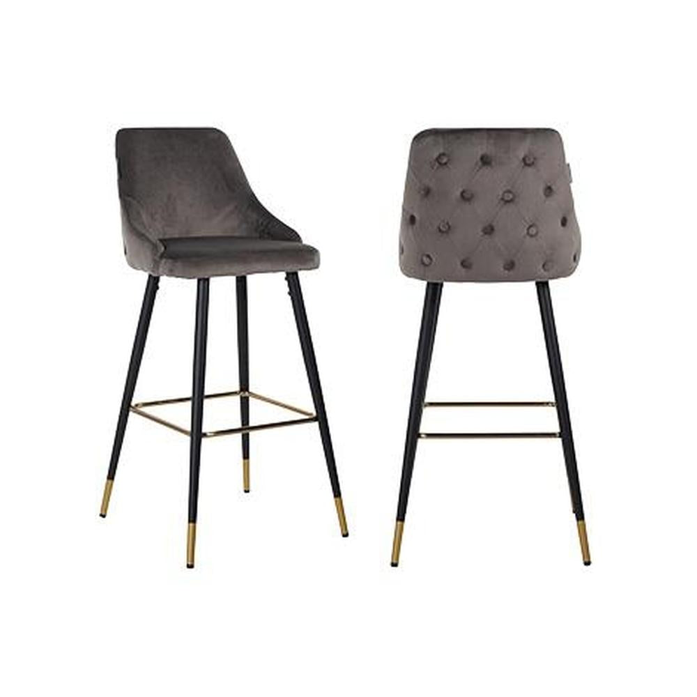 Two Airmani khaki velvet bar stools with tufted backs, black metal legs, and gold accents.
