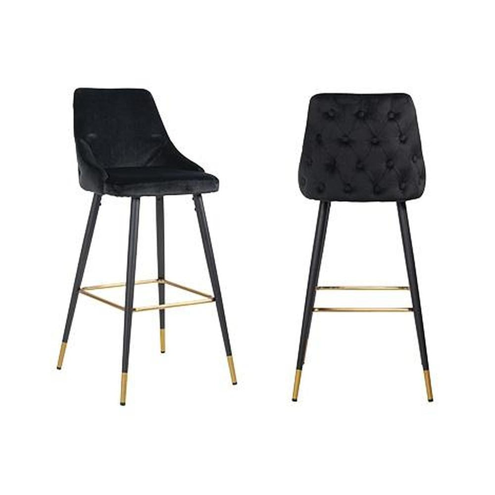 Two Airmani black velvet bar stools with tufted backs, black metal legs, and gold footrests and tips.
