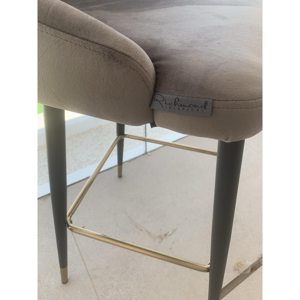Airmani khaki velvet bar stool with black metal legs and gold footrest, featuring a Richmond Interiors tag.