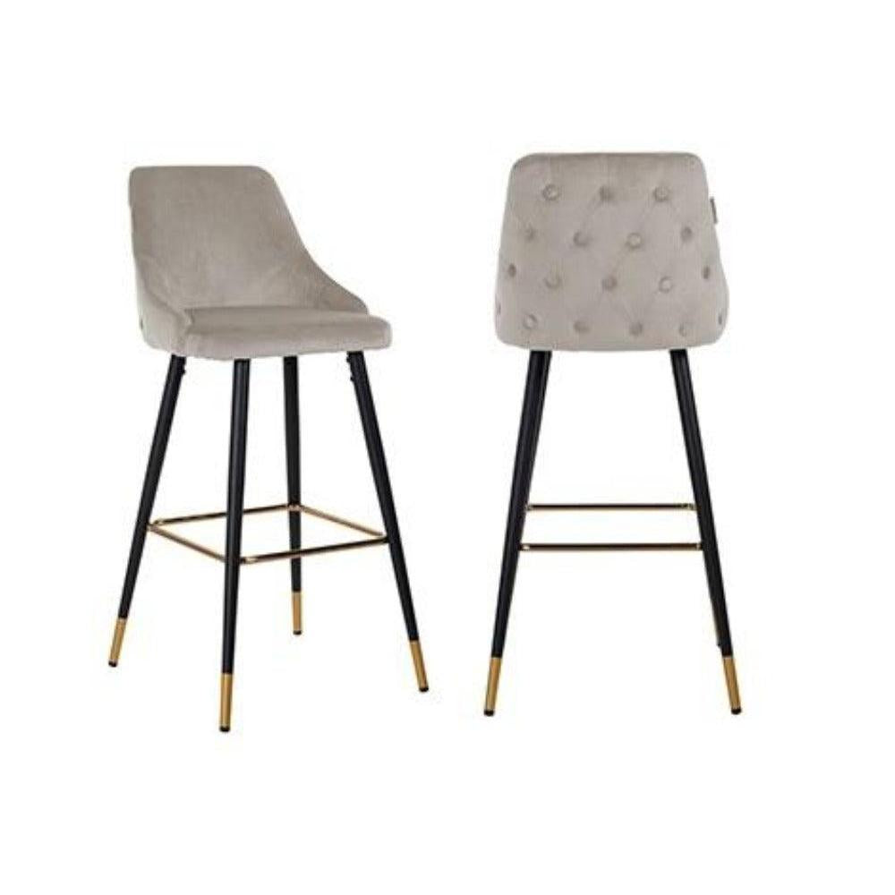 Two Airmani khaki velvet bar stools with black and gold metal legs, one front view, one back view.