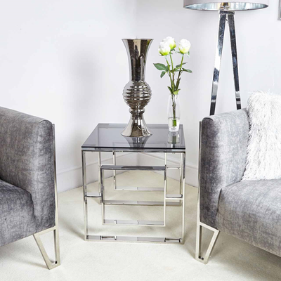Alannah Apex chrome side end table with smoked glass top CLEARANCE NETT