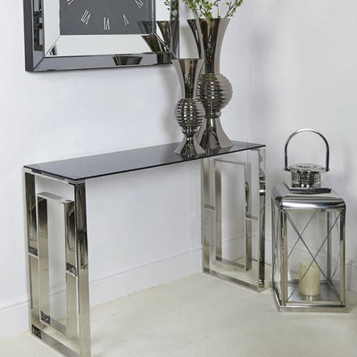 Alannah Apex silver chrome console table with glass REDUCED clearance NETT
