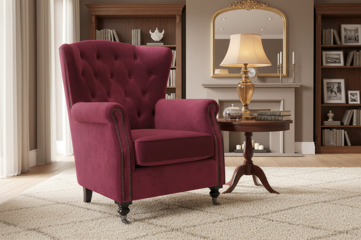 Belfield chesterfield armchair and footstool in fabulous Berry . REDUCED-Renaissance Design Studio