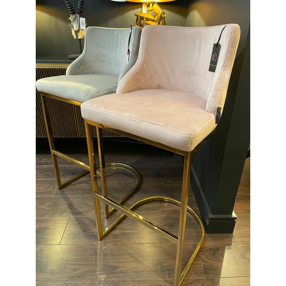 Bolton K Velvet Counter bar stools: pink with gold frame, and stone with silver frame, plush velvet.
