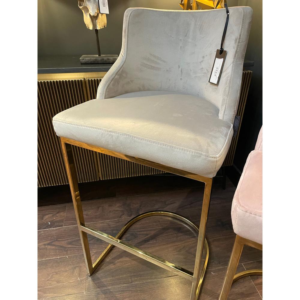 Bolton K velvet counter bar stool in stone with a gold/brass frame and footrest.