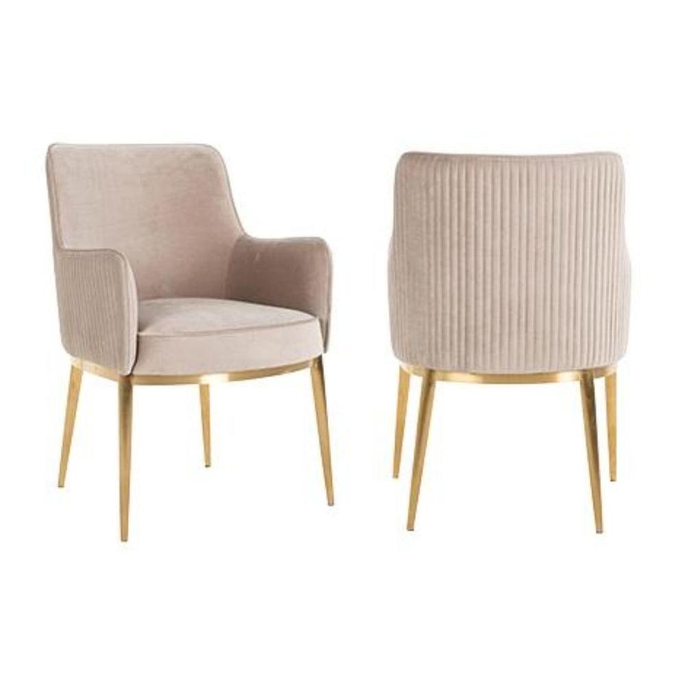 Breeeze Dining Chair: Beige velvet with brushed gold legs and ribbed back.