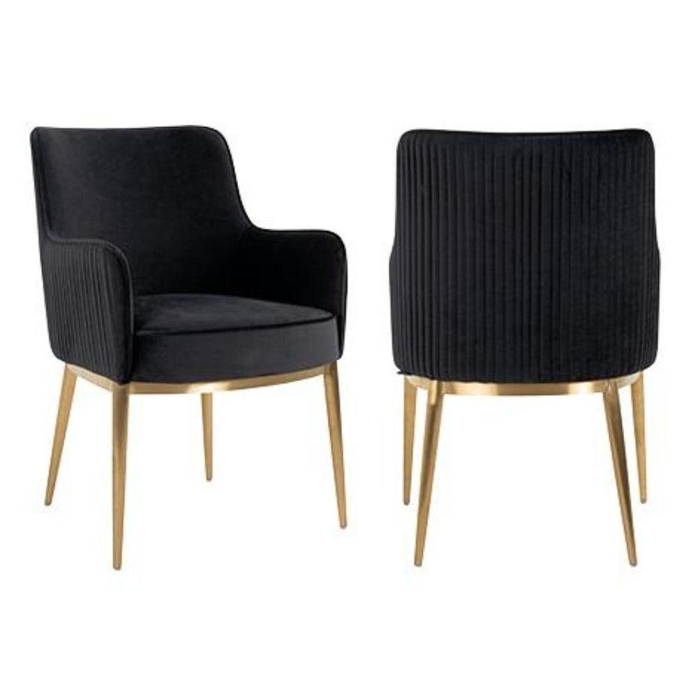 Breeeze black velvet dining chair with vertical channel tufting and brushed gold legs.