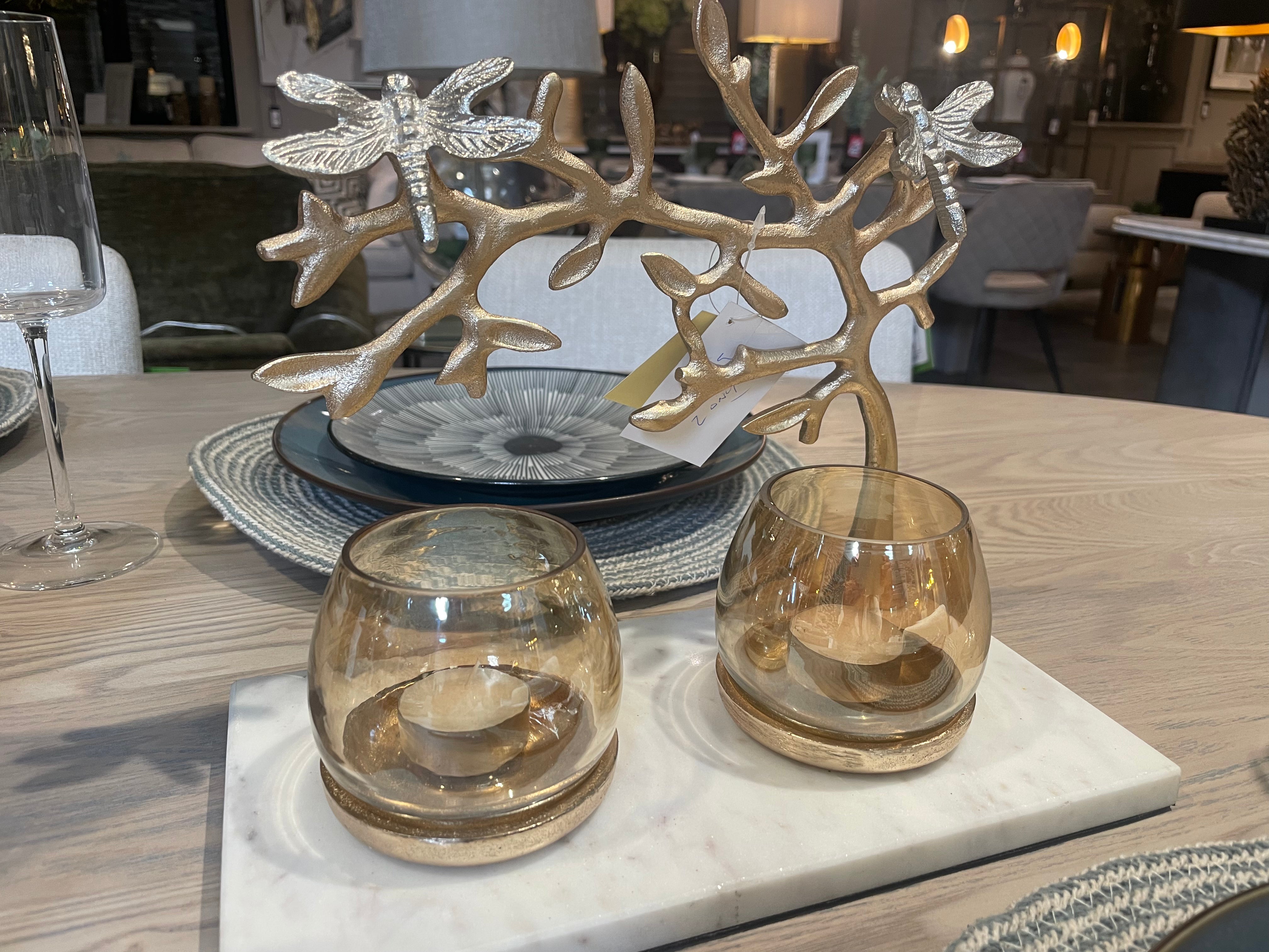 Butterfly gold candle holder on marble slab-Renaissance Design Studio
