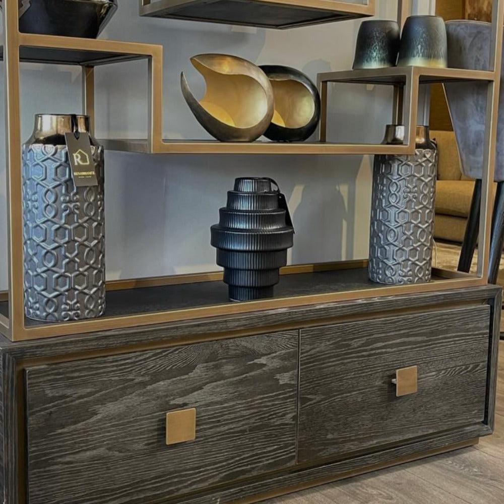Byron H brushed gold with black oak Display Wall unit tall Cabinet reduced !.-Renaissance Design Studio
