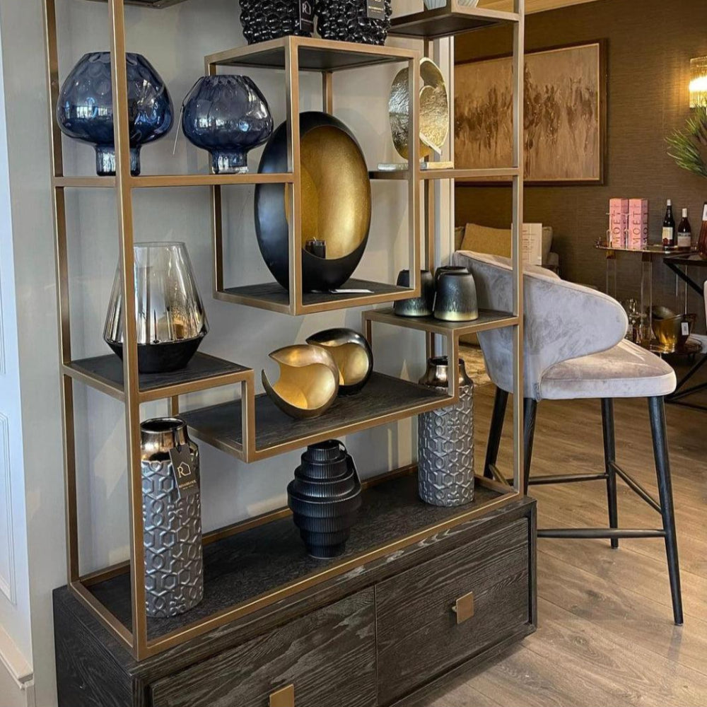 Byron H brushed gold with black oak Display Wall unit tall Cabinet reduced !.-Renaissance Design Studio