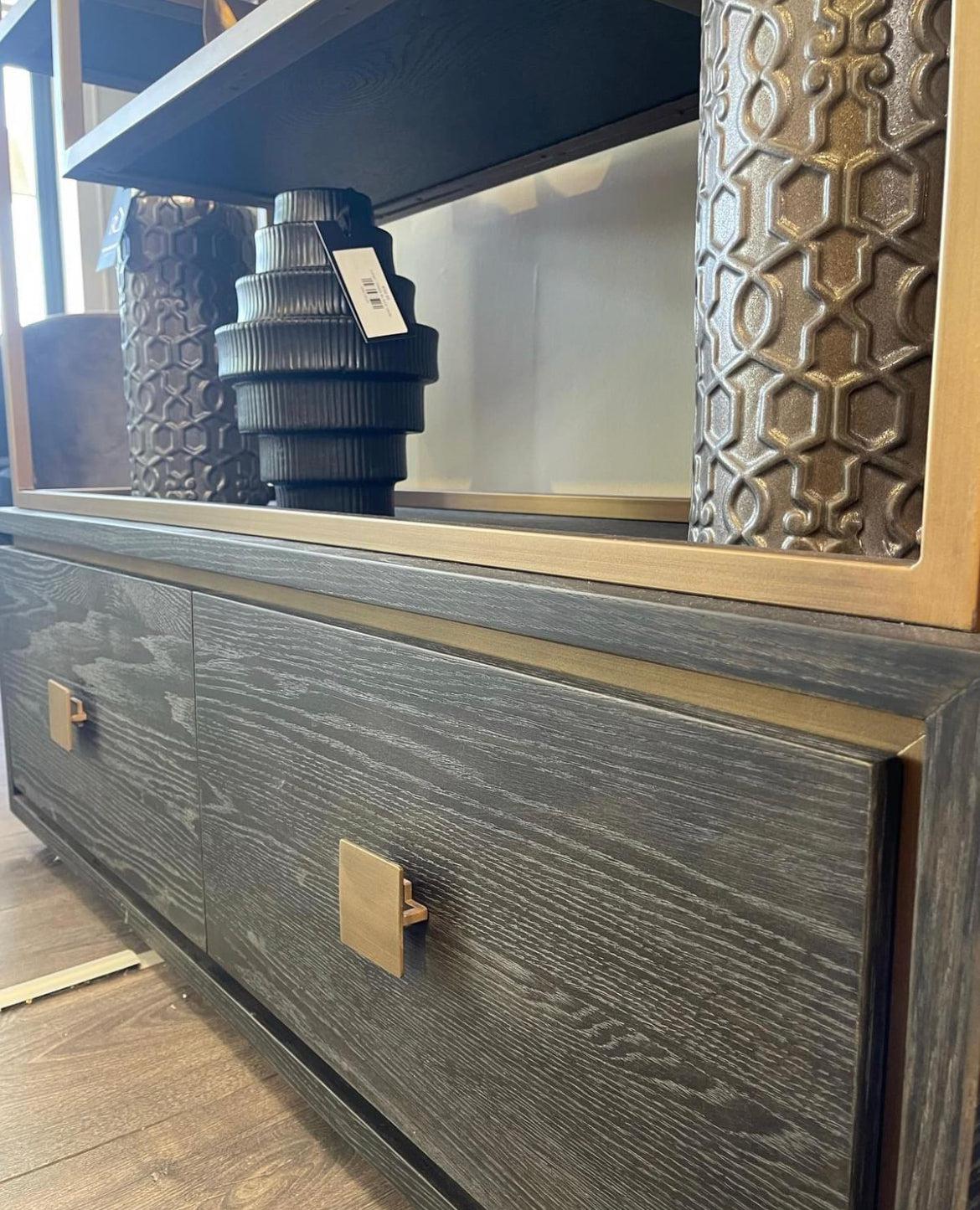 Byron H brushed gold with black oak Display Wall unit tall Cabinet reduced !.-Renaissance Design Studio