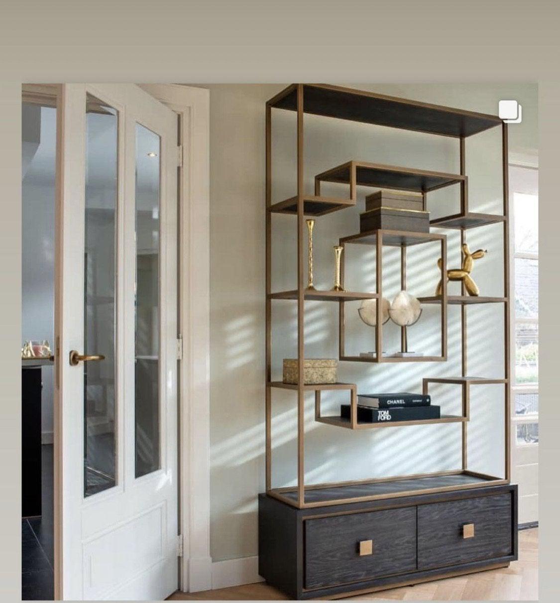 Byron H brushed gold with black oak Display Wall unit tall Cabinet reduced !.-Renaissance Design Studio