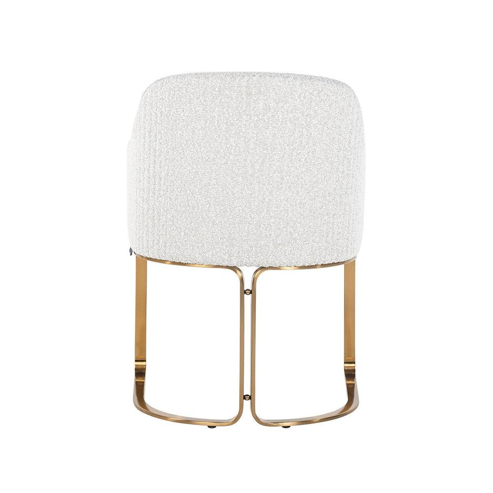 Camden Club dining chair with stone velvet boucle upholstery and brushed gold stainless steel frame.