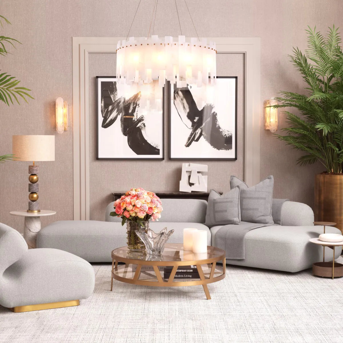 Chandelier Alabaster Pizzorni Antique brass finish by Eichholtz-chandelier-Renaissance Design Studio