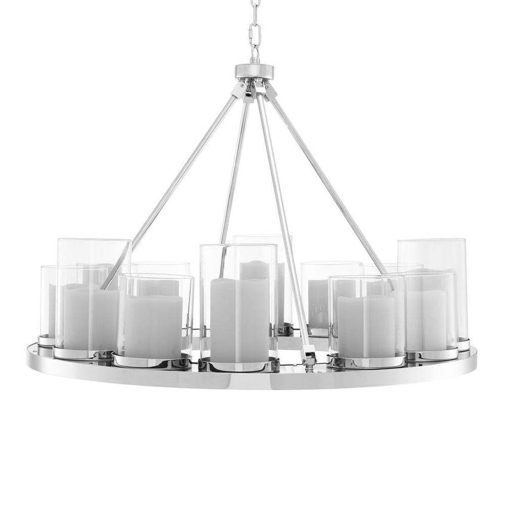 Eichholtz Summit Round chandelier: polished stainless steel, clear glass shades with faux LED candles.