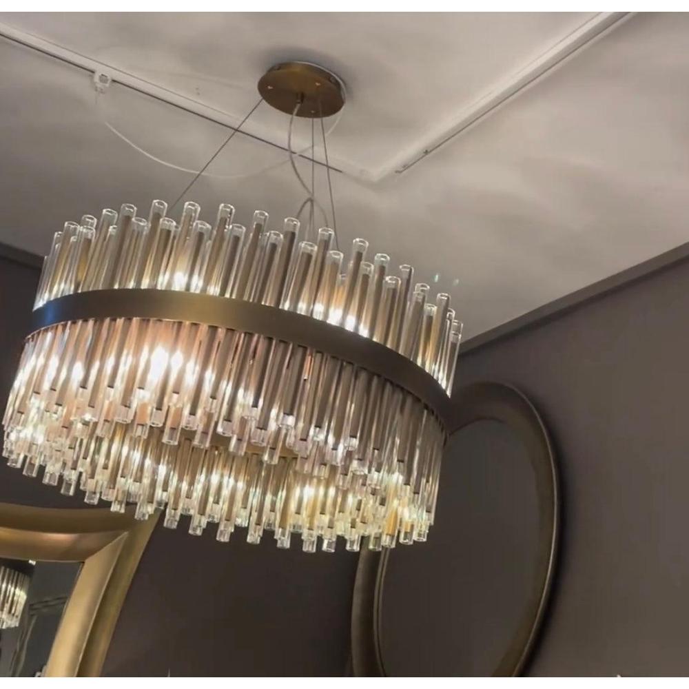 Colmar 80cm brushed brass chandelier by RV Astley, featuring a circular design with multiple clear glass rods.