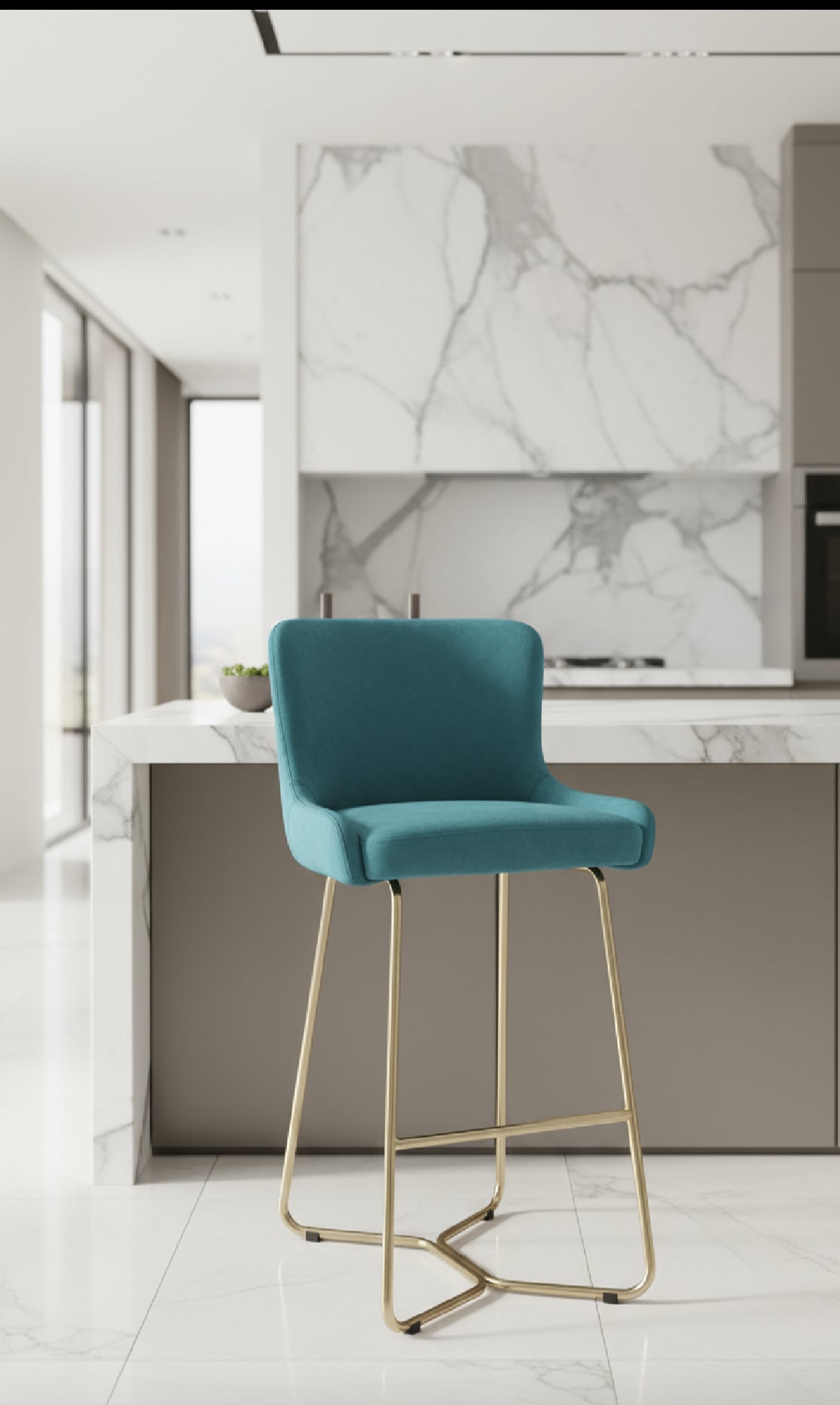 Crown Keri velvet bar stool with gold legs in mink or teal-Renaissance Design Studio