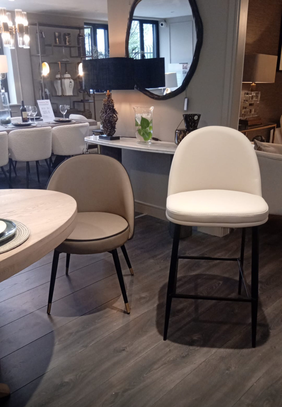 Duke counter bar stools with taupe faux leather available in set of 3 at reduced price sooo comfy-Renaissance Design Studio