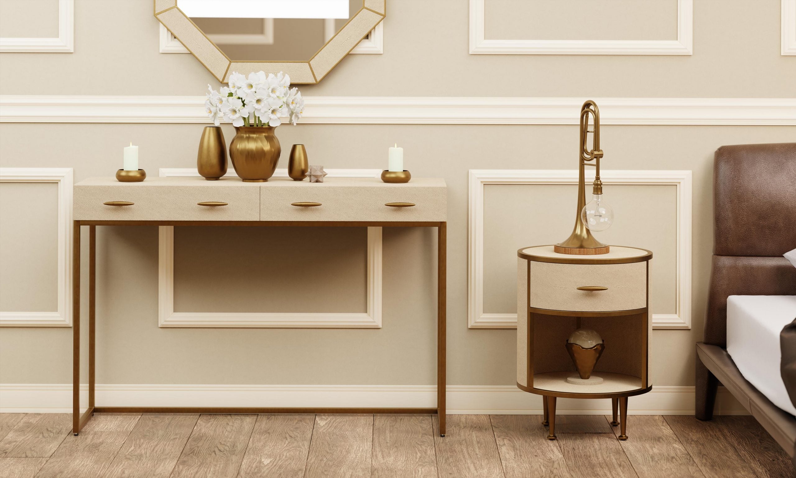 Hampton Bedside cabinet ivory faux shagreen with brass style surround-Renaissance Design Studio