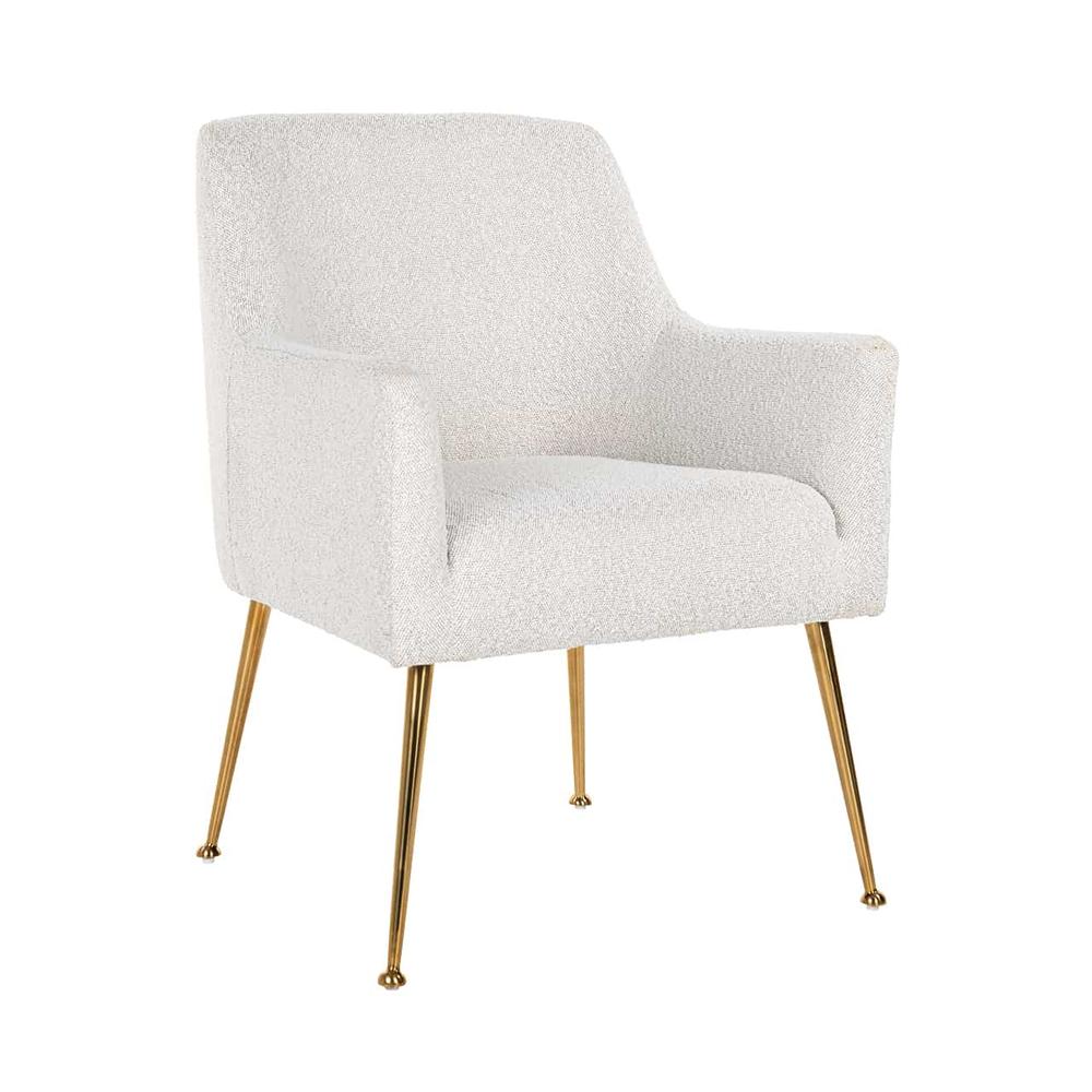 Harley Dining Chair in white boucle fabric with brushed gold stainless steel legs.