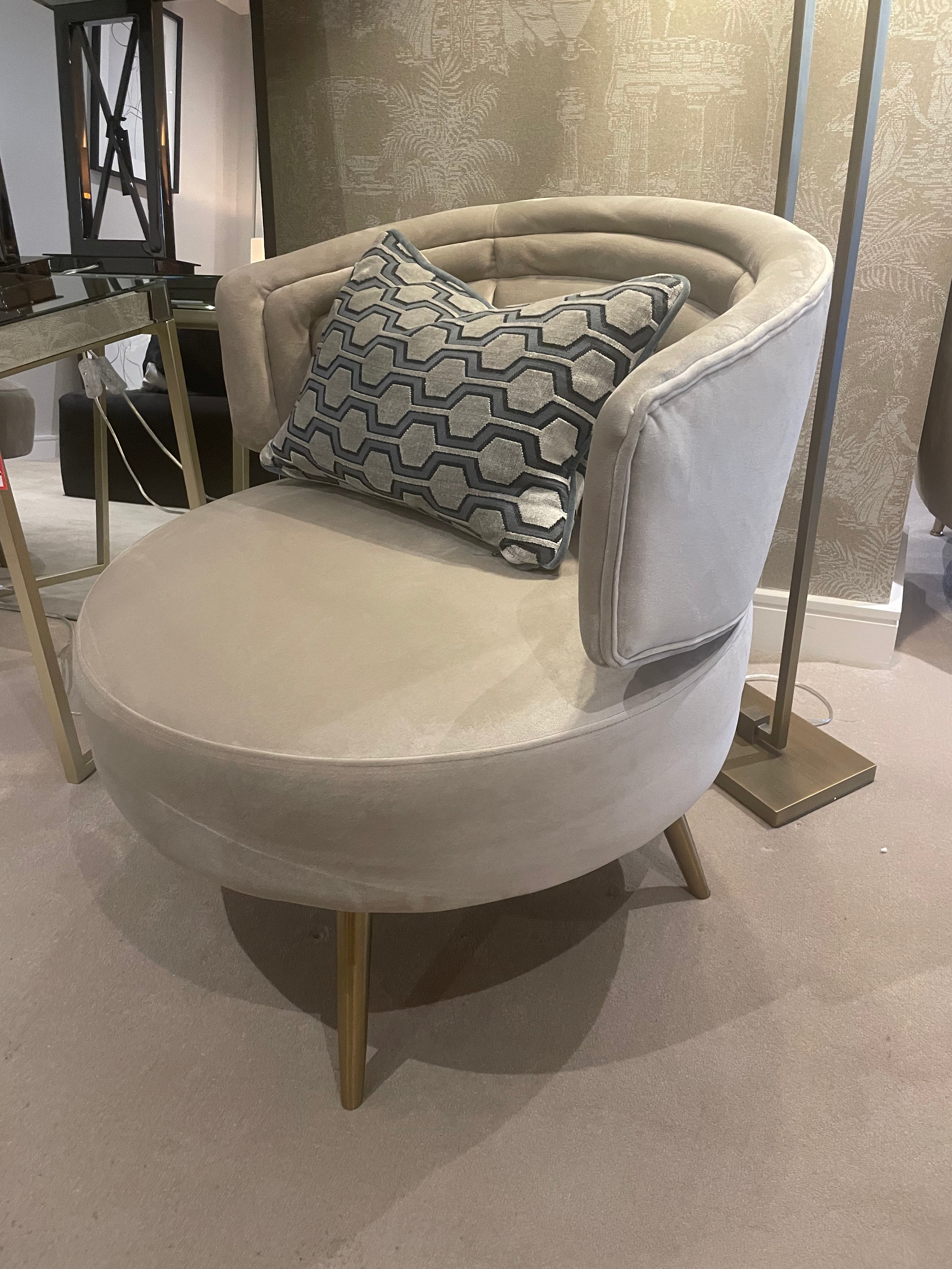 Harmony Occasional chair in khaki velvet with gold leg. Reduced-Renaissance Design Studio