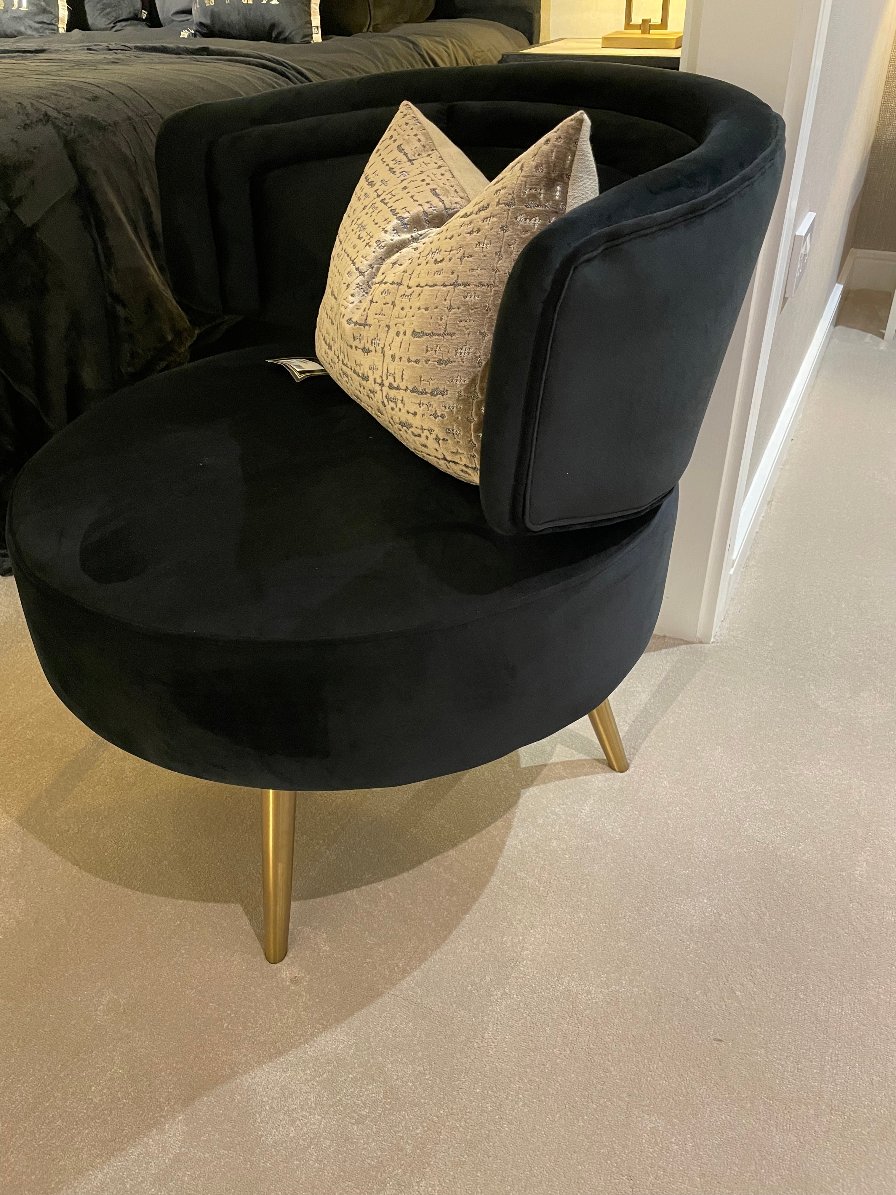 Harmony Occasional chair in khaki velvet with gold leg. Reduced-Renaissance Design Studio