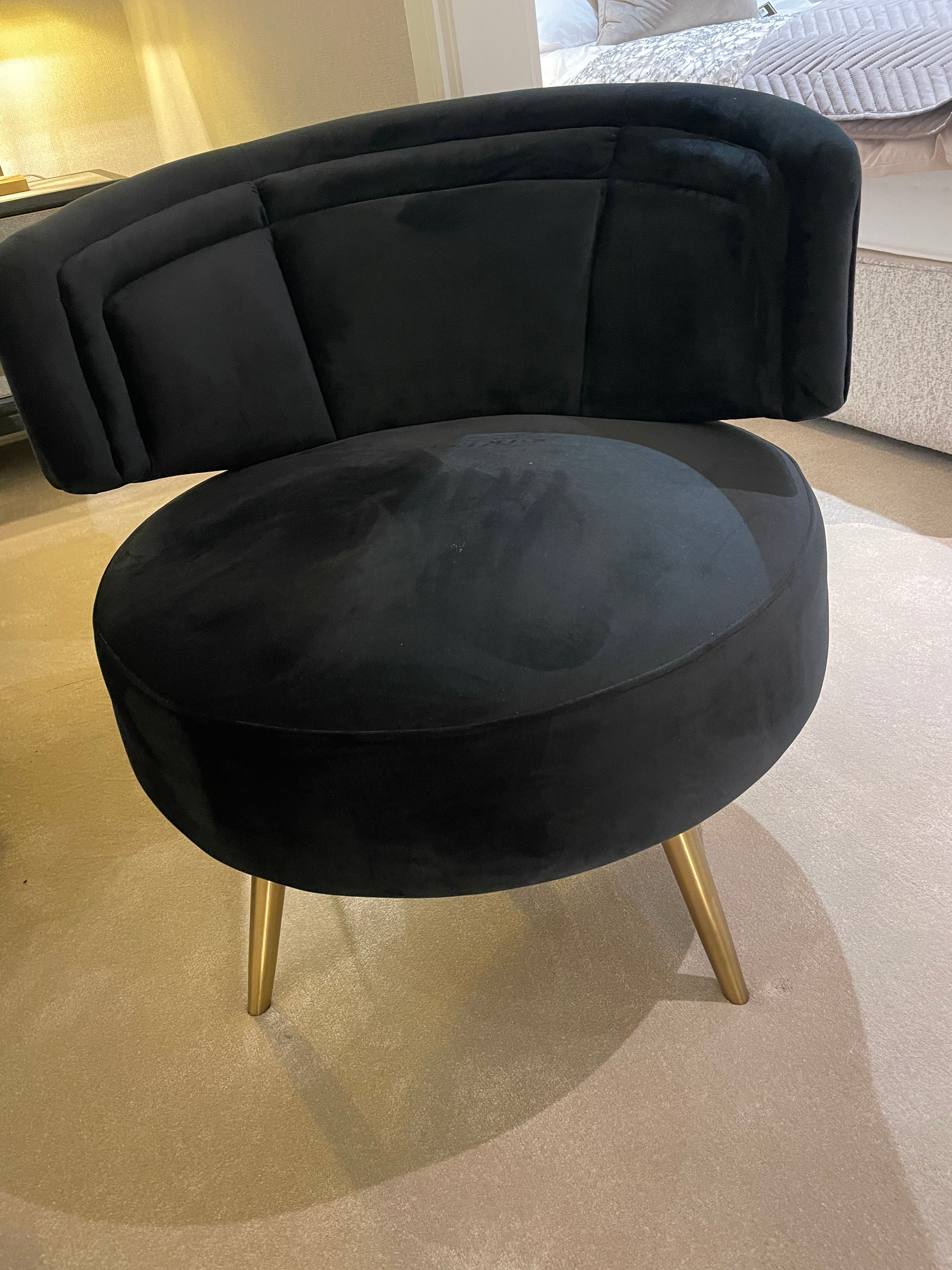 Harmony Occasional chair in khaki velvet with gold leg. Reduced-Renaissance Design Studio