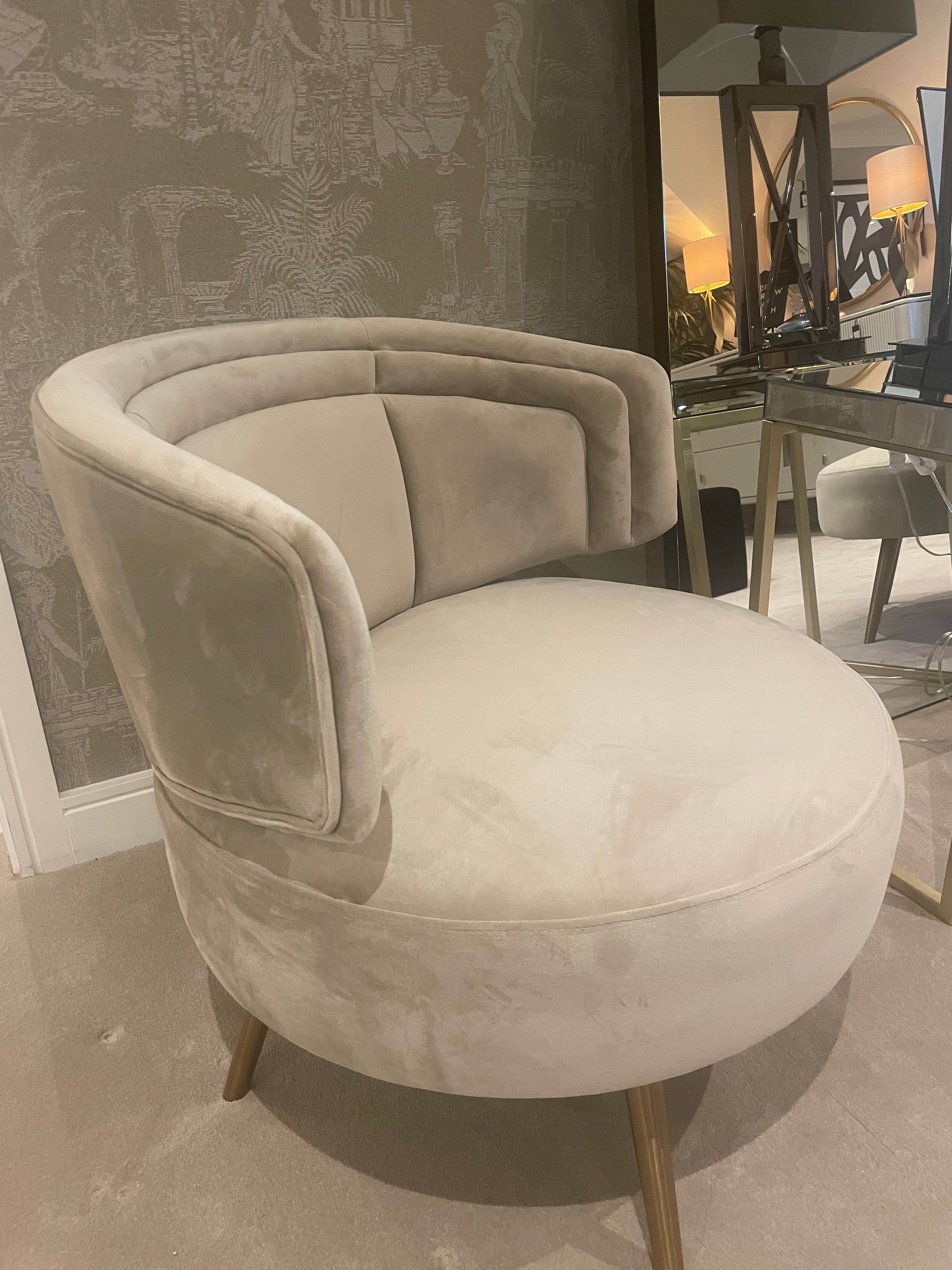 Harmony Occasional chair in khaki velvet with gold leg. Reduced-Renaissance Design Studio