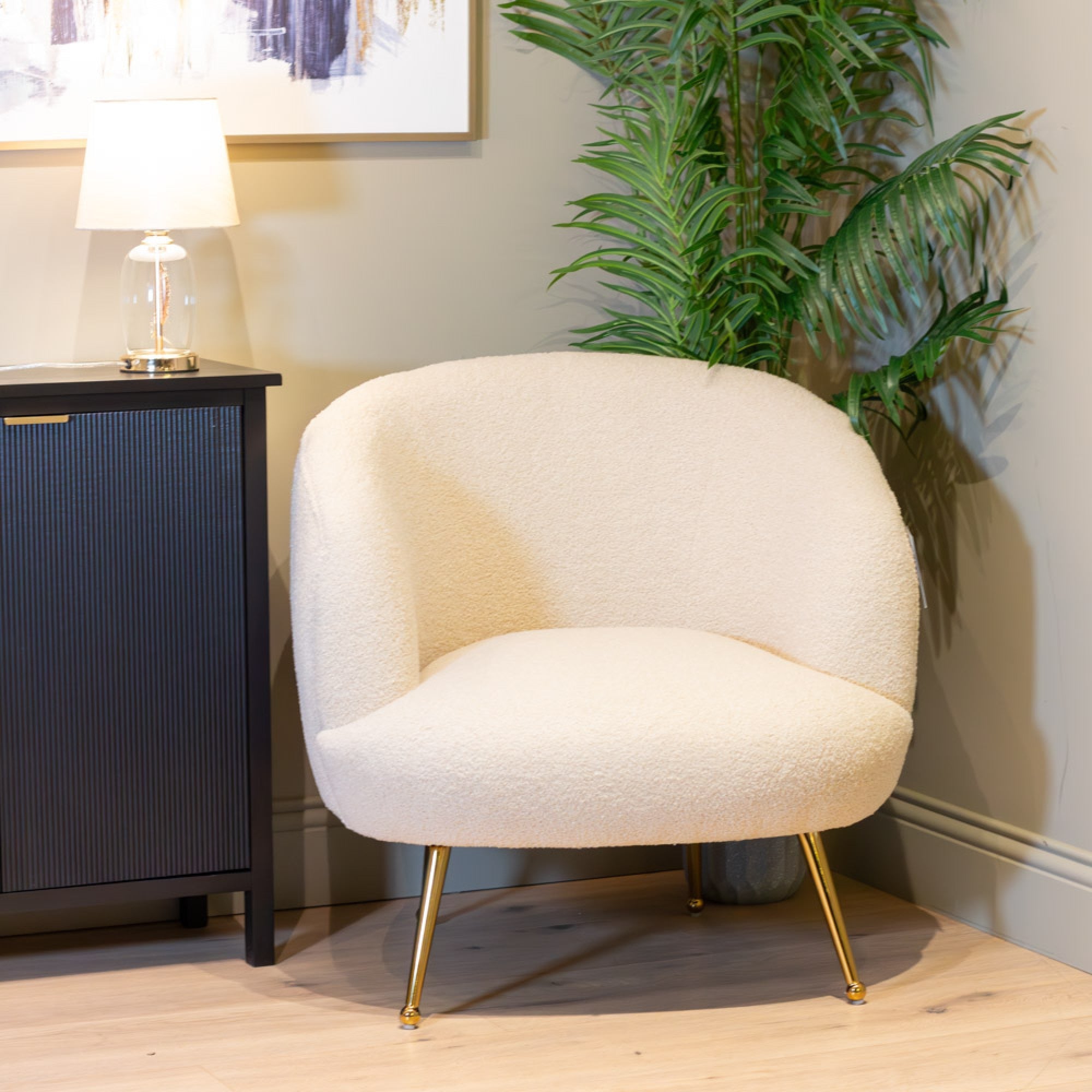 Hayley B occasional chair Boucle with gold leg Nett price as value item-Renaissance Design Studio