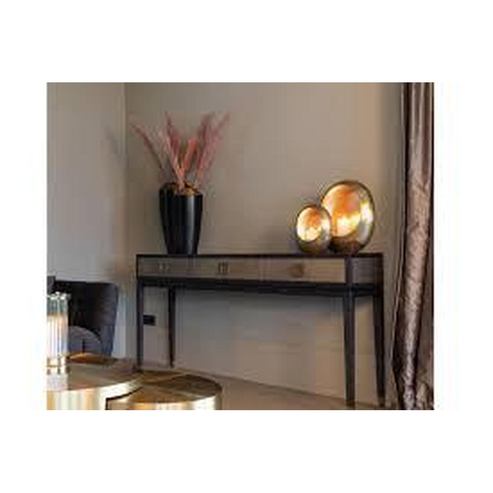 Kensington 3-drawer console table with golden faux shagreen, black oak frame, and geometric handles.