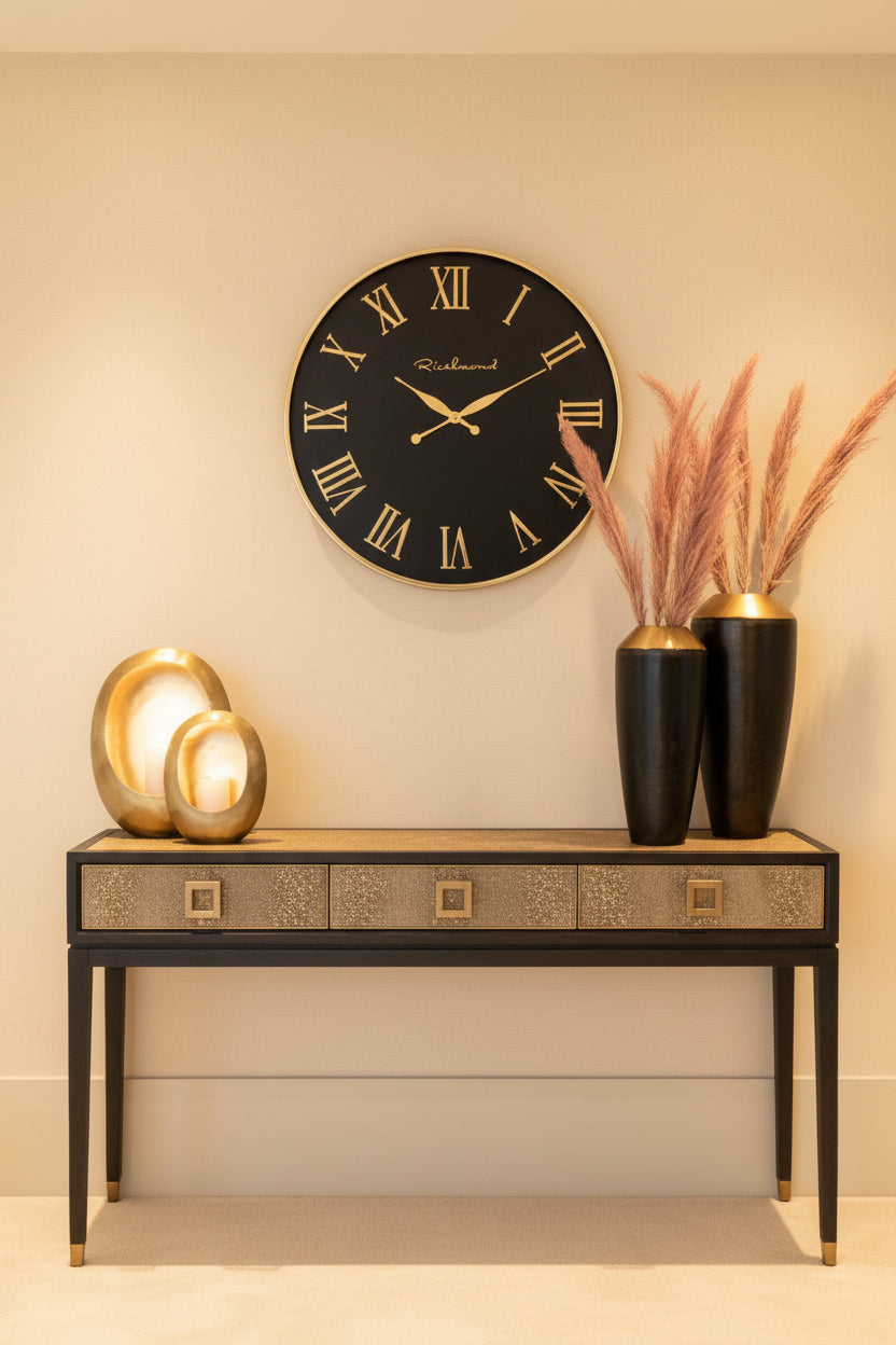 Black oak console table with three faux shagreen drawers and gold geometric handles.