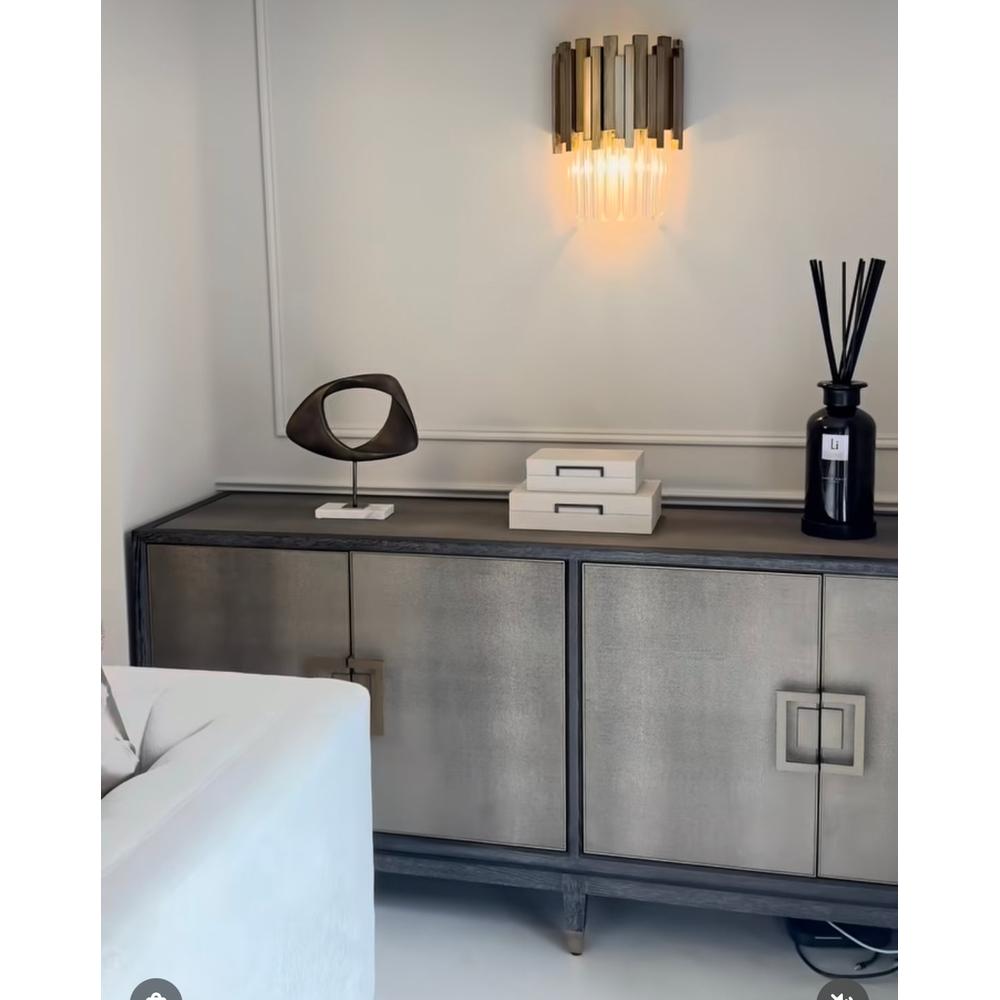 Kensington 4-door sideboard in faux rye skin PU leather with black oak and matt golden details.