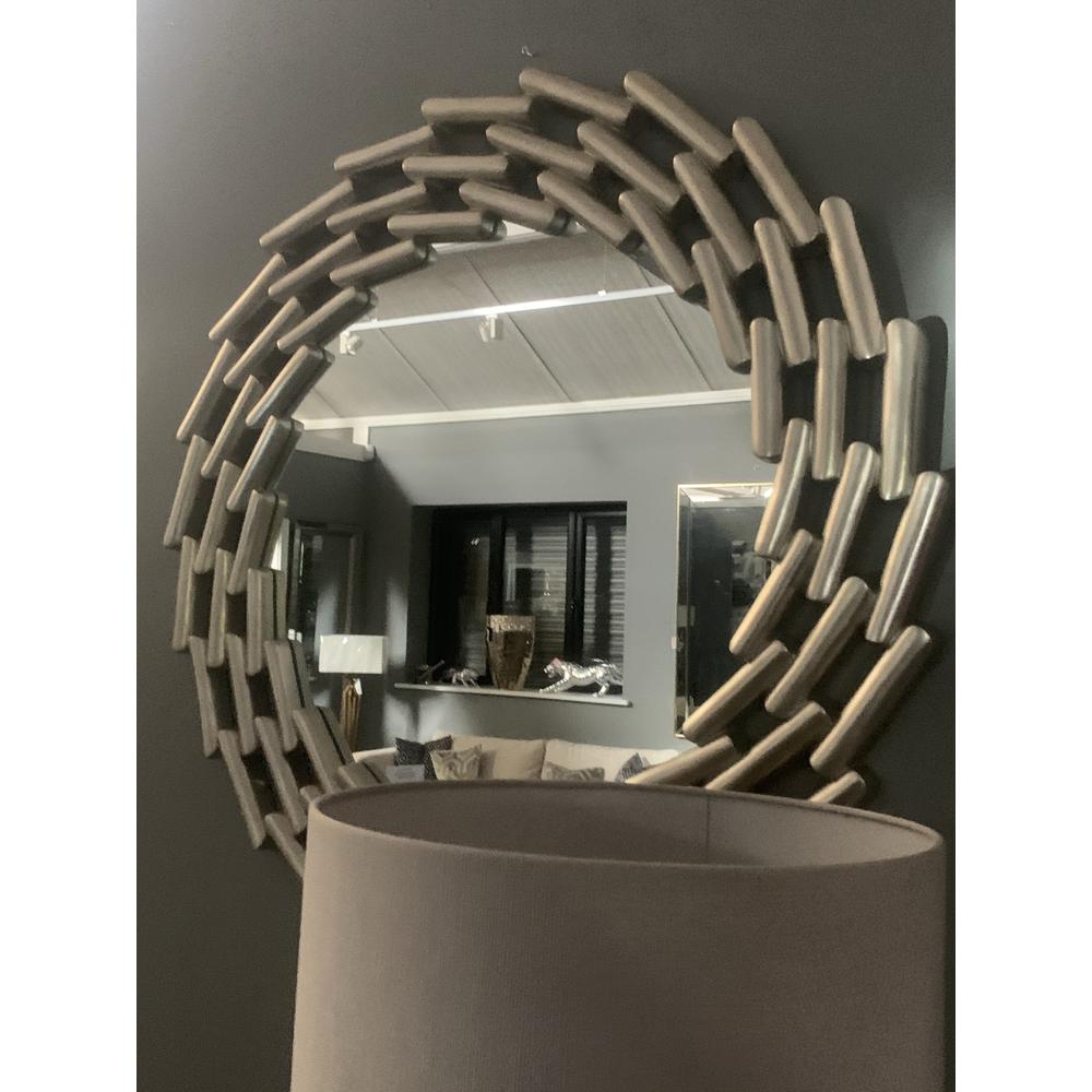 Large round silver leaf mirror with an oversized link design frame.