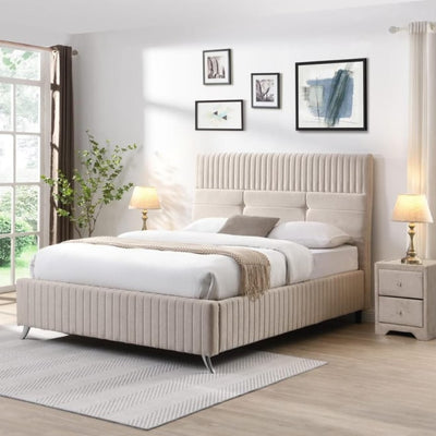 Lara designer bed frame complete in neutral velvet. Reduced price