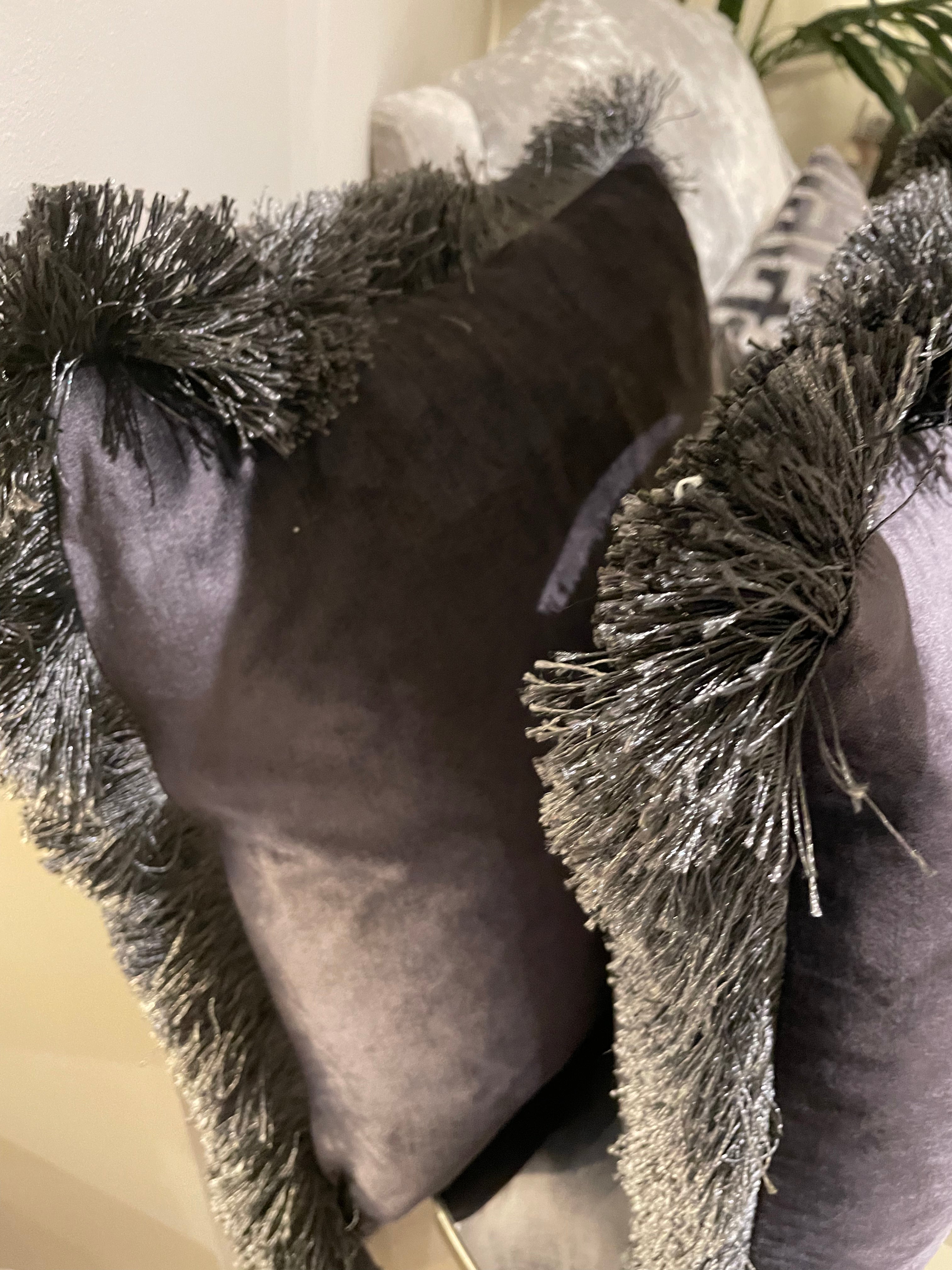 Lexi grey black cushion with fringe reduced-Chair & Sofa Cushions-Renaissance Design Studio