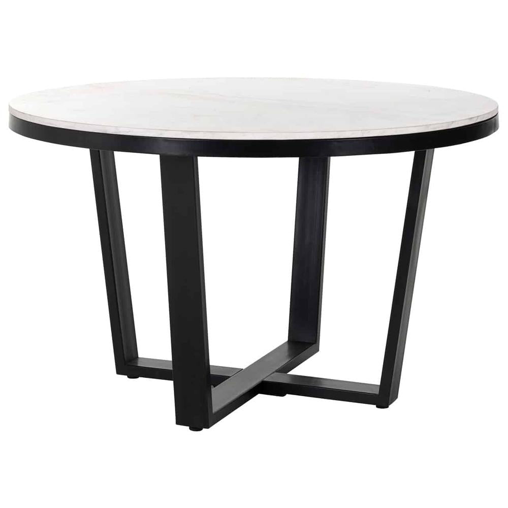 Lexi round 130cm Carrara marble dining table with a black iron cross-base.