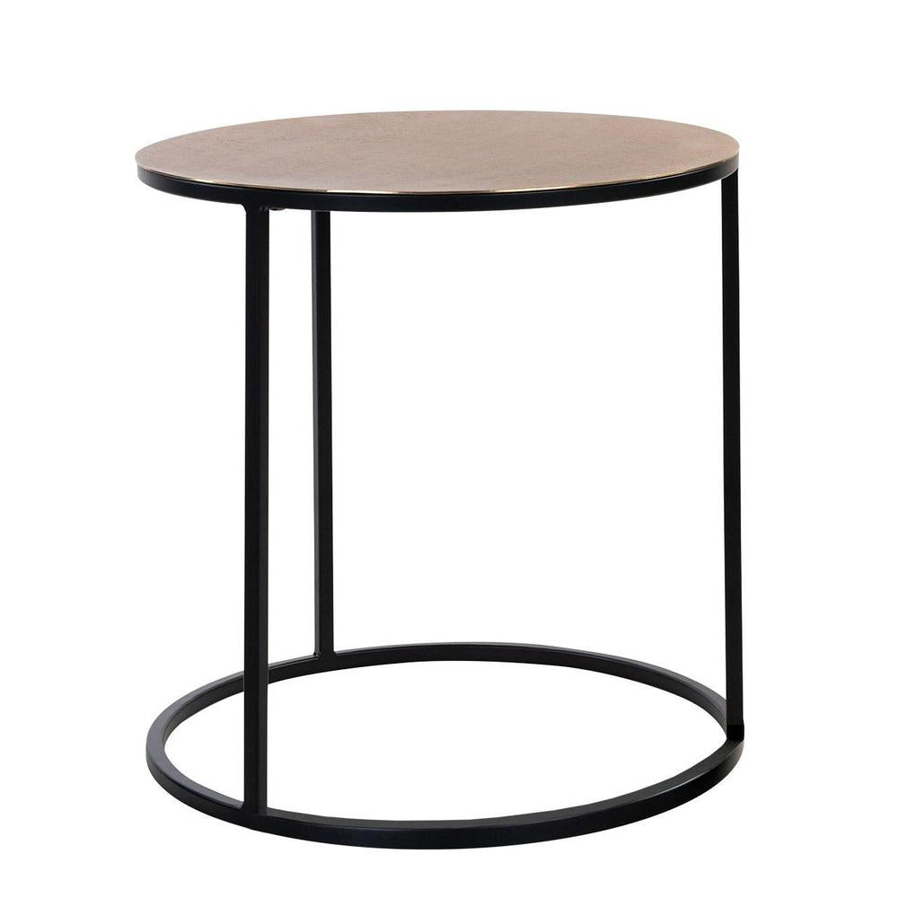 Logan corner table with a round gold top and a black iron frame.